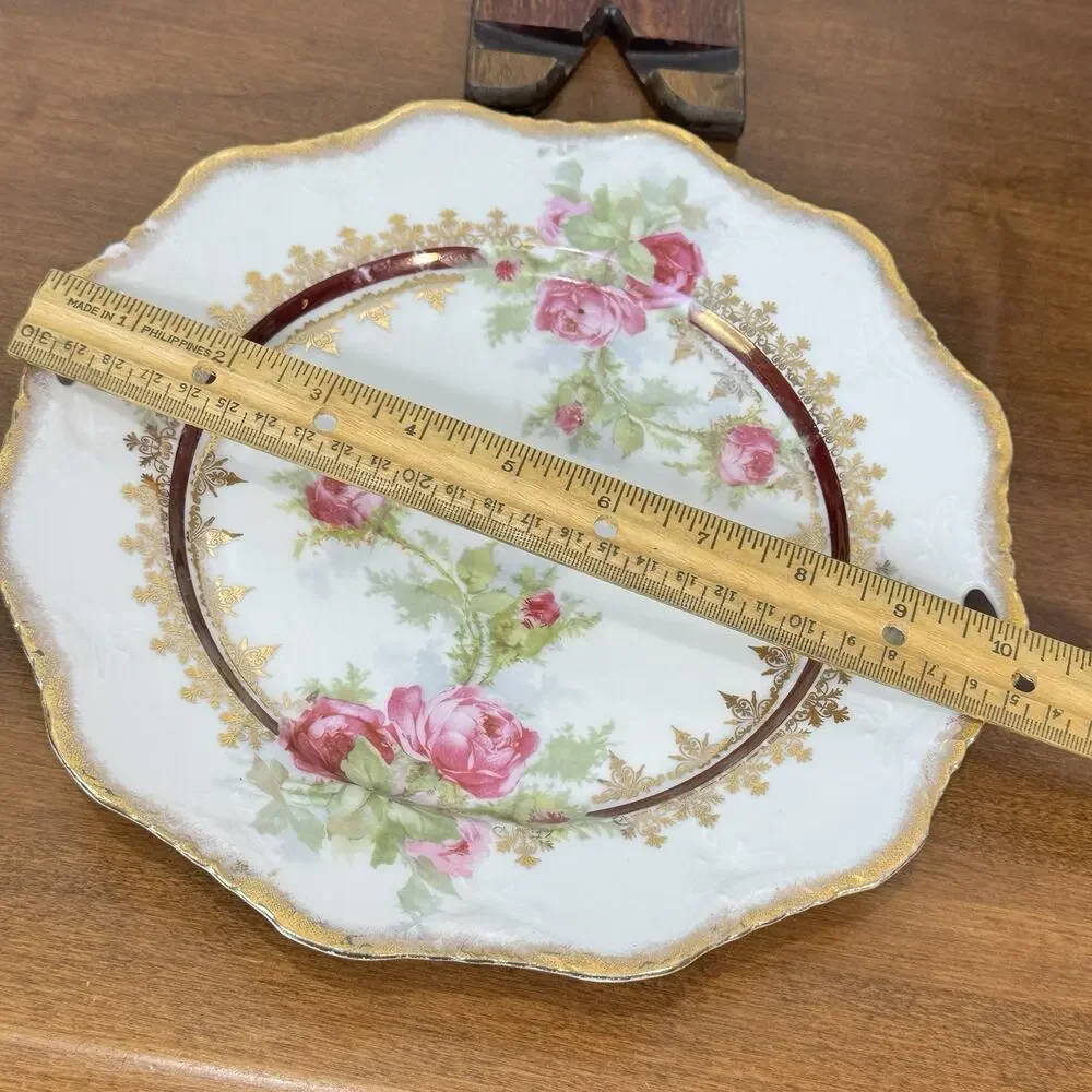 Antique Victorian Handled Cake Plate Pink Roses Gold Encrusted Gilt Burgundy